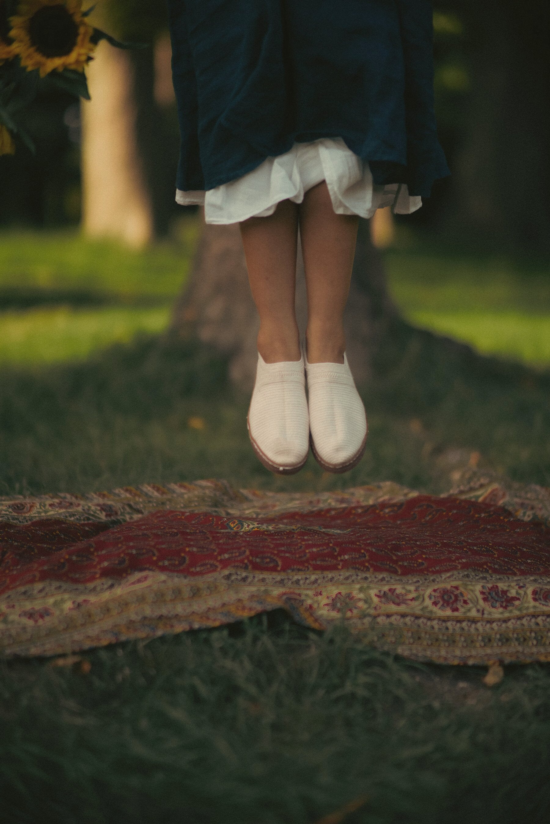 Saut au-dessus d'un tapis persan dans un parc, pâpouches aux pieds